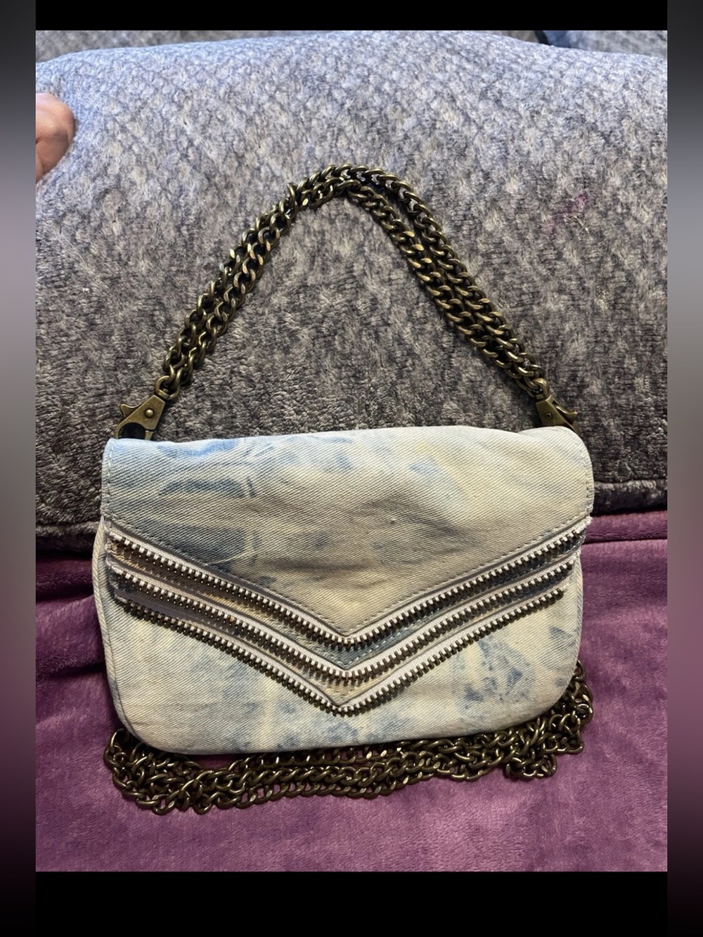 Light Blue Washed Denim Chain-Trim Shoulder Bag